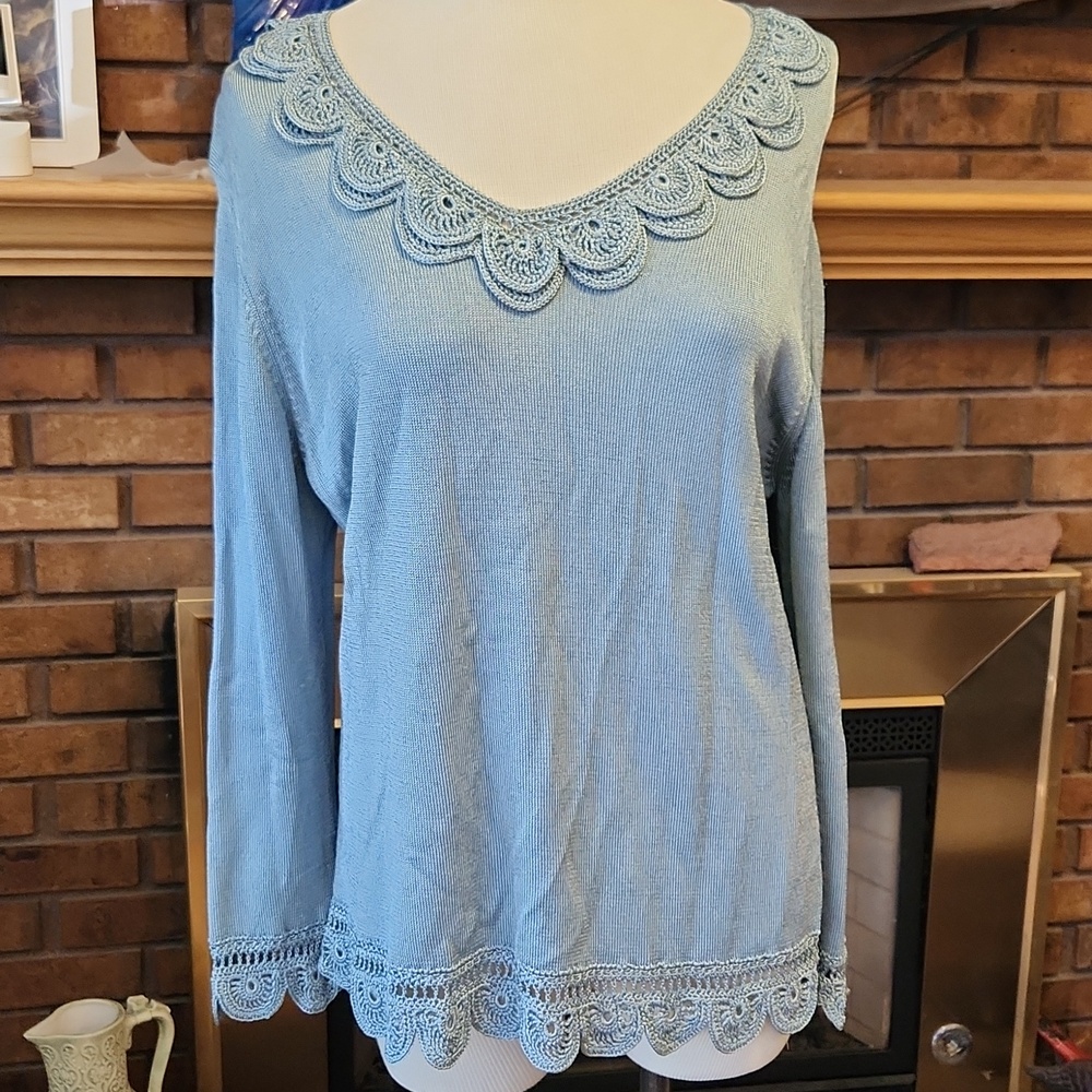 Jones New York Light Steel Blue Crochet-Trim Knit Tunic Sweater